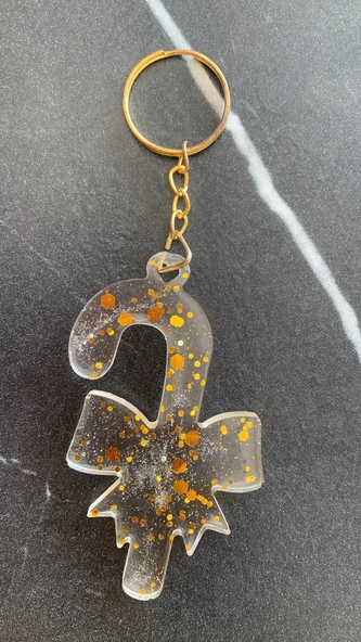 Şeffaf Epoksi İçinde Gold Glitterli Gold Aksesuarlı Kurdele Baston Şeker Anahtarlık El Yapımı Hediyelik - Resim 8