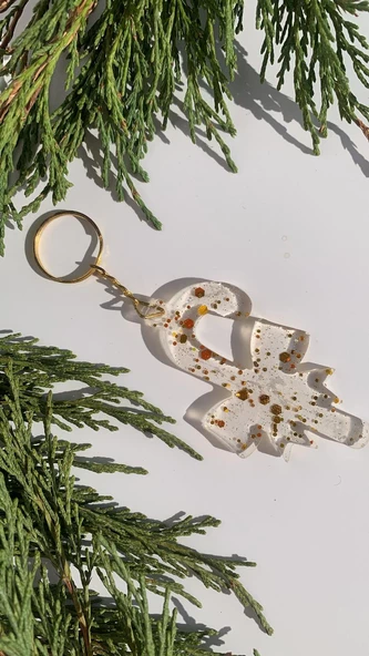 Şeffaf Epoksi İçinde Gold Glitterli Gold Aksesuarlı Kurdele Baston Şeker Anahtarlık El Yapımı Hediyelik - Resim 5