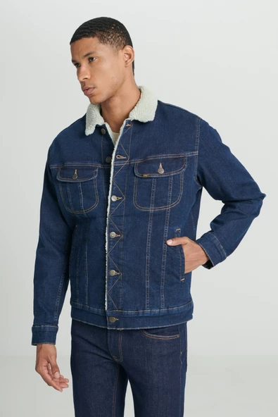 Lee L87BVM36 Koyu Mavi Erkek İçi Kürklü Çok Cepli Kot Ceket - 4