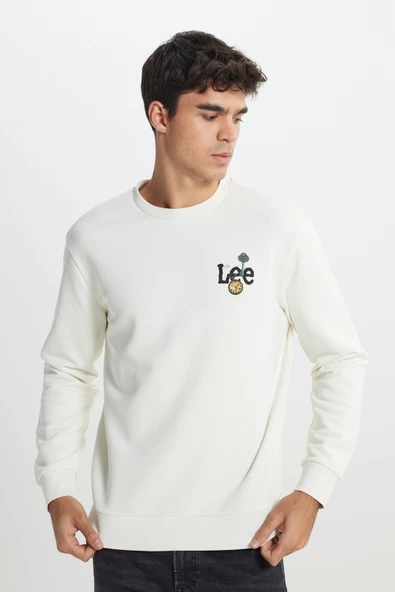 Lee L242503104 Ekru Erkek Saat  Baskılı Bisiklet Yaka Üç İplik Sweat