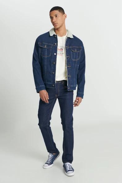 Lee L87BVM36 Koyu Mavi Erkek İçi Kürklü Çok Cepli Kot Ceket - 5