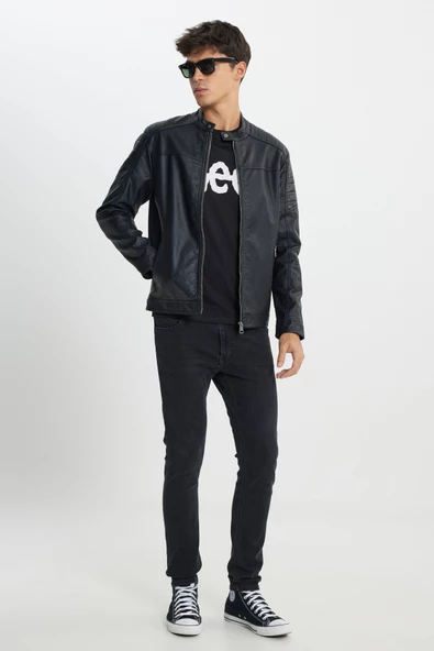 Lee L242469001 Siyah Erkek Boğazdan Düğme Detaylı Boydan Fermuarlı Çift Cepli Deri Ceket - 3