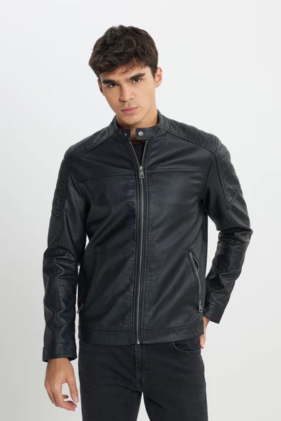 Lee L242469001 Siyah Erkek Boğazdan Düğme Detaylı Boydan Fermuarlı Çift Cepli Deri Ceket - 2