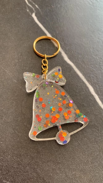 Şeffaf Epoksi İçinde Rengarenk Pullu Fiyonklu Gold Aksesuarlı Zil - Çan Anahtarlık El Yapımı Hediyelik - 4