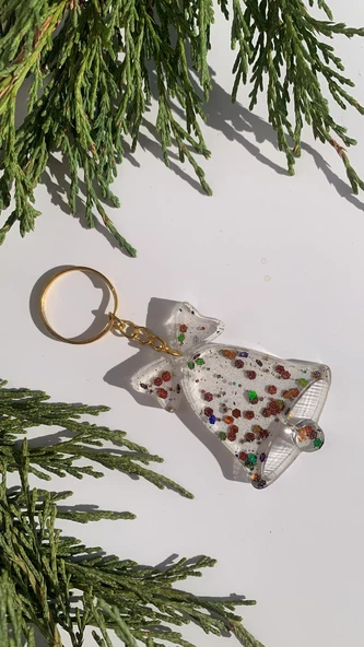 Şeffaf Epoksi İçinde Rengarenk Pullu Fiyonklu Gold Aksesuarlı Zil - Çan Anahtarlık El Yapımı Hediyelik - 3