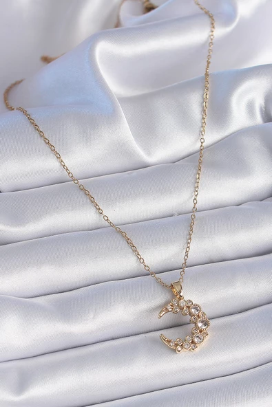 316L Çelik Zincir Gold Renk Zirkon Taşlı Hilal Model Kadın Kolye - TJ-BKO9354 - 2