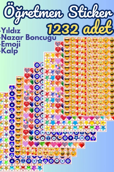 Öğretmen Okul Sticker Motivasyon Emoji Kalp Yıldız Nazar Boncuğu 1232 Adet