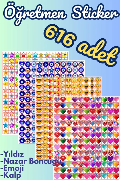 Öğretmen Okul Sticker Motivasyon Emoji Kalp Yıldız Nazar Boncuğu 616 Adet