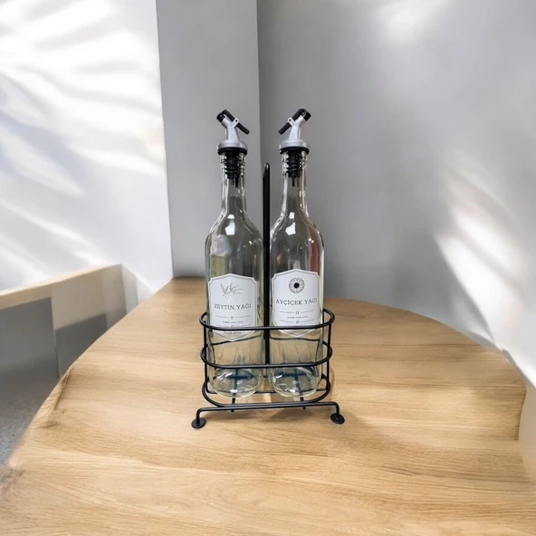 750 ml 2'li Cam Yağdanlık Seti - Metal Standlı Zeytinyağı ve Sıvı Yağ Şişesi Yağlık - 4