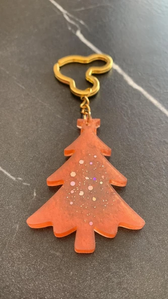 Turuncu Renkli Gümüş Glitterli Mickey Mouse Gold Aksesuarlı Çam Ağacı Epoksi Anahtarlık El Yapımı - Resim 2