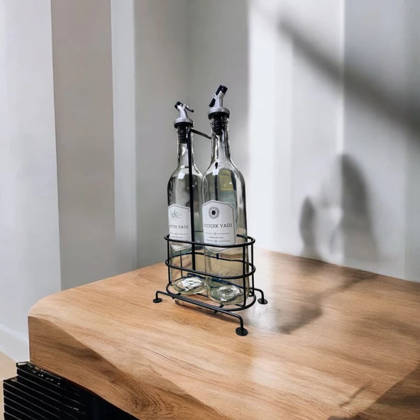 750 ml 2'li Cam Yağdanlık Seti - Metal Standlı Zeytinyağı ve Sıvı Yağ Şişesi Yağlık - 6