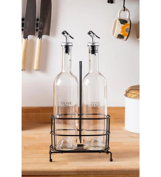 750 ml 2'li Cam Yağdanlık Seti - Metal Standlı Zeytinyağı ve Sıvı Yağ Şişesi Yağlık - 2