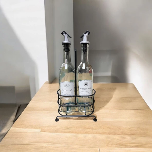 750 ml 2'li Cam Yağdanlık Seti - Metal Standlı Zeytinyağı ve Sıvı Yağ Şişesi Yağlık - 5