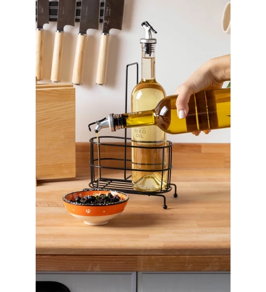 750 ml 2'li Cam Yağdanlık Seti - Metal Standlı Zeytinyağı ve Sıvı Yağ Şişesi Yağlık - 3