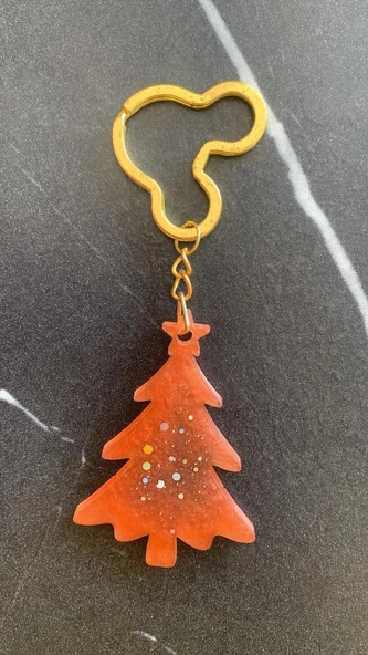 Turuncu Renkli Gümüş Glitterli Mickey Mouse Gold Aksesuarlı Çam Ağacı Epoksi Anahtarlık El Yapımı - Resim 4