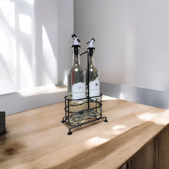 750 ml 2'li Cam Yağdanlık Seti - Metal Standlı Zeytinyağı ve Sıvı Yağ Şişesi Yağlık - 7