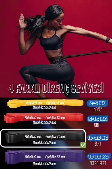25 KG Direnç Bandı Kas Geliştirme Lastiği Fitness Pilates Cross Training Bant Siyah - Sert - 5