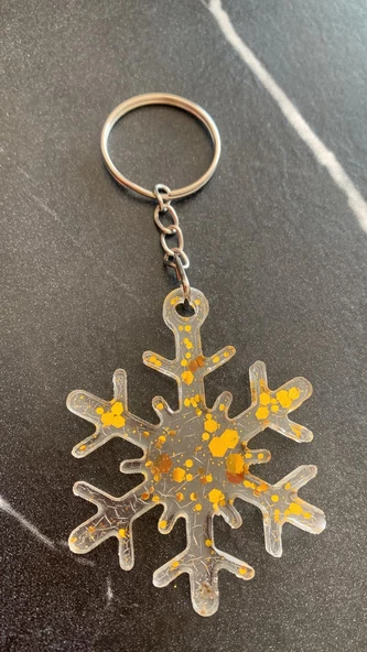 Şeffaf Epoksi İçinde Gold Glitterli Gümüş Aksesuarlı Kar Tanesi Anahtarlık El Yapımı Hediyelik - Resim 8