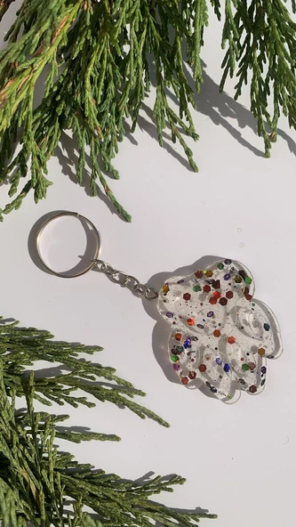 Şeffaf Epoksi İçinde Rengarenk Pullu Gümüş Aksesuarlı Kedi Köpek Pati Anahtarlık El Yapımı Hediyelik - Resim 7