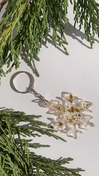Şeffaf Epoksi İçinde Gold Glitterli Gümüş Aksesuarlı Kar Tanesi Anahtarlık El Yapımı Hediyelik - Resim 3