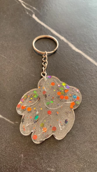 Şeffaf Epoksi İçinde Rengarenk Pullu Gümüş Aksesuarlı Kedi Köpek Pati Anahtarlık El Yapımı Hediyelik - Resim 4