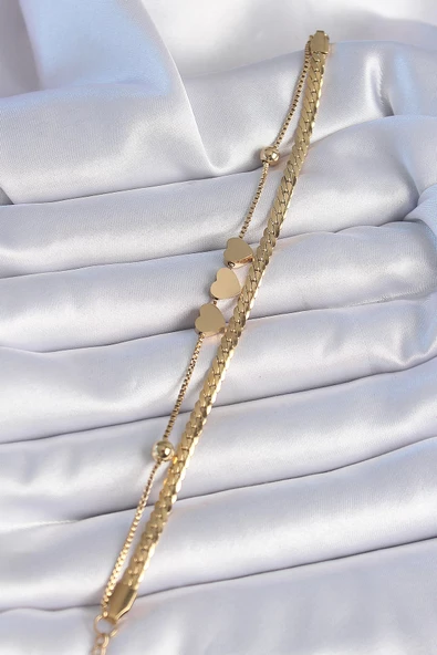 MuI MuI 316L Çelik Gold Renk 2'li Yassı Zincirli Kalp Figür Kadın Bileklik ürün görseli 1