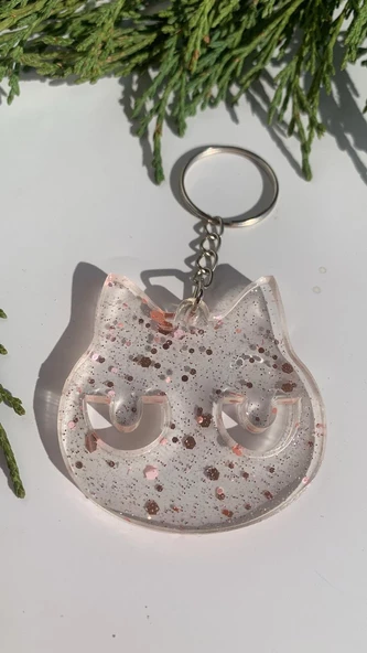 Şeffaf Epoksi İçinde Pembe Glitterli Gümüş Aksesuarlı Kedi Yüzü Anahtarlık El Yapımı Hediyelik - Resim 7