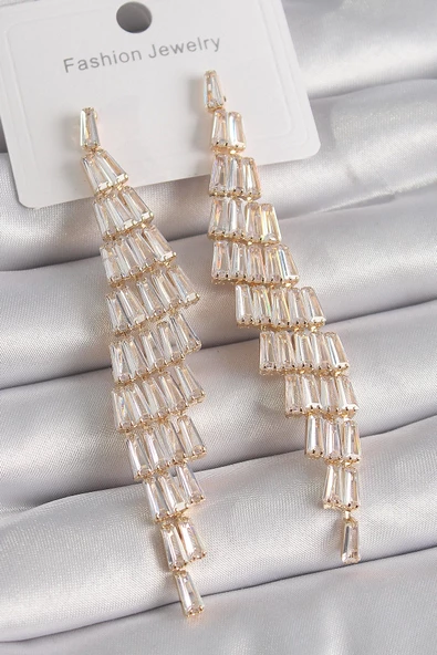 MuI MuI Pirinç Gold Renk Sallantı Model Zirkon Taşlı Kadın Küpe ürün görseli 1