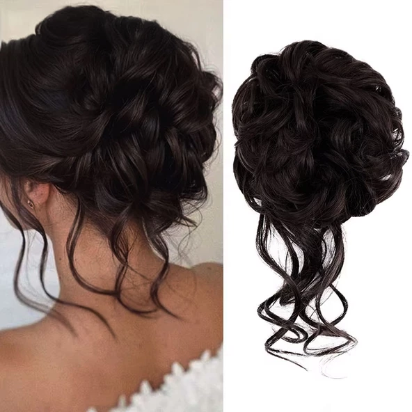 Saçlı Lastikli Kuyruklu Topuz Toka - Koyu Kestane ürün görseli 1