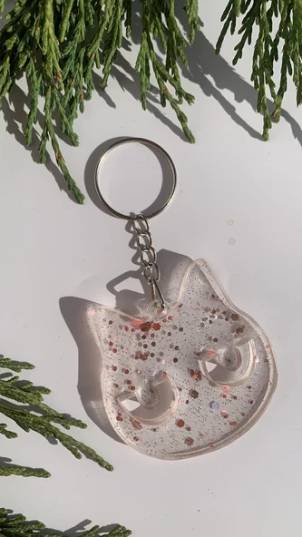 Şeffaf Epoksi İçinde Pembe Glitterli Gümüş Aksesuarlı Kedi Yüzü Anahtarlık El Yapımı Hediyelik - Resim 5