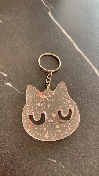 Şeffaf Epoksi İçinde Pembe Glitterli Gümüş Aksesuarlı Kedi Yüzü Anahtarlık El Yapımı Hediyelik - Resim 6