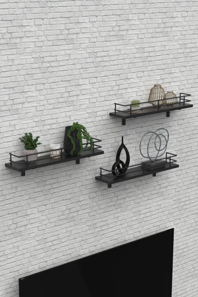 Modern Tasarımlı Metal Korkuluklu Siyah Ahşap Duvar Rafı Üçlü - Resim 5