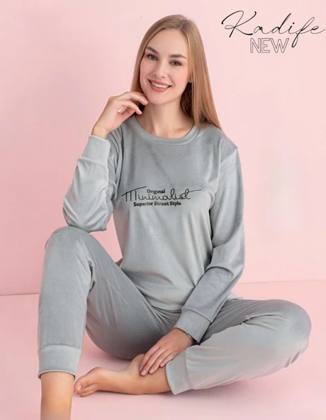 Pijamerry Kadın Kışlık Bisiklet Yaka Kadife Pijama Takımı 3023G - 1 Adet  XL Gümüş - Resim 2