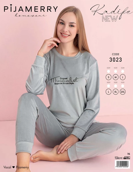 Pijamerry Kadın Kışlık Bisiklet Yaka Kadife Pijama Takımı 3023G - 1 Adet  S Gümüş - 3