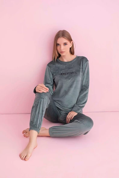 Pijamerry Kadın Kışlık Bisiklet Yaka Kadife Pijama Takımı 3036Y - 1 Adet  L Su Yeşil