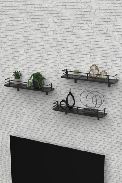 Modern Tasarımlı Metal Korkuluklu Siyah Ahşap Duvar Rafı Üçlü - Resim 4