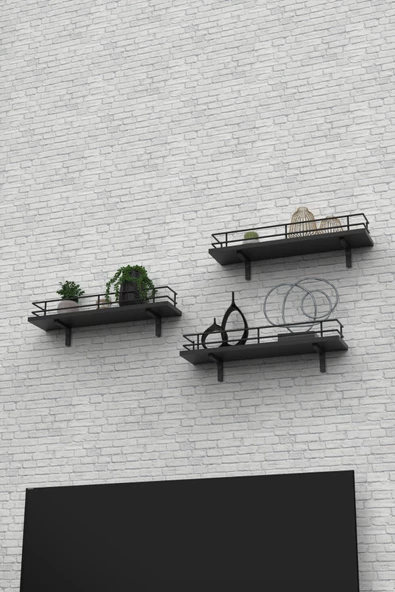 Modern Tasarımlı Metal Korkuluklu Siyah Ahşap Duvar Rafı Üçlü - Resim 2