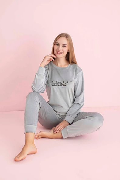 Pijamerry Kadın Kışlık Bisiklet Yaka Kadife Pijama Takımı 3023G - 1 Adet  L Gümüş