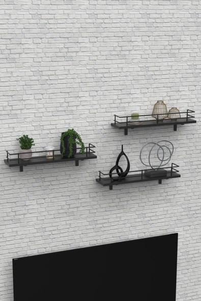 Modern Tasarımlı Metal Korkuluklu Siyah Ahşap Duvar Rafı Üçlü - Resim 3