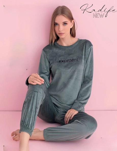 Pijamerry Kadın Kışlık Bisiklet Yaka Kadife Pijama Takımı 3036Y - 1 Adet  2XL Su Yeşil - 2