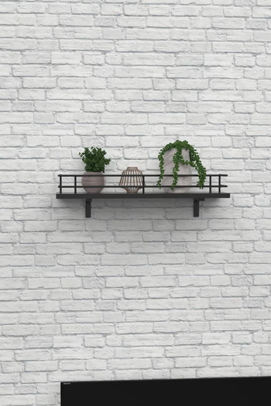 Modern Tasarımlı Metal Korkuluklu Siyah Ahşap Duvar Rafı - Resim 4