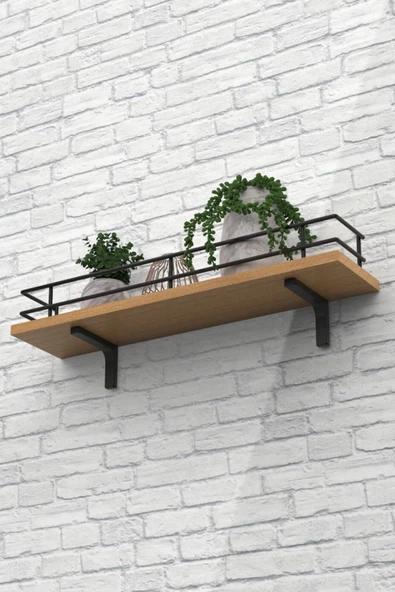 Modern Tasarımlı Metal Korkuluklu Ahşap Duvar Rafı - Resim 2