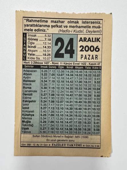 24 Aralık 2006 Takvim Yaprağı - Nostaljik Koleksiyonluk Takvim Yaprağı ürün görseli
