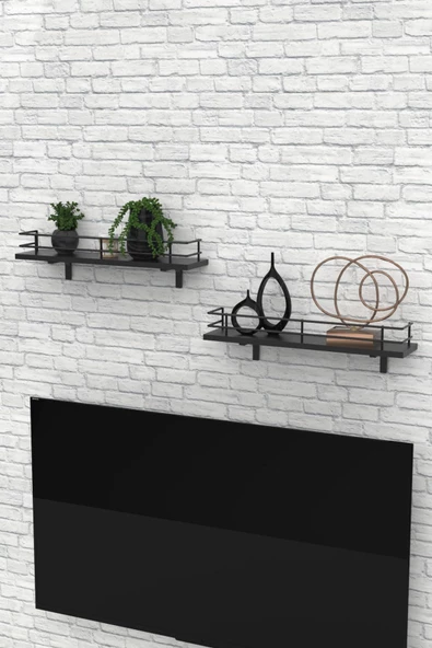 Modern Tasarımlı Metal Korkuluklu Siyah Ahşap Duvar Rafı İkili - Resim 3