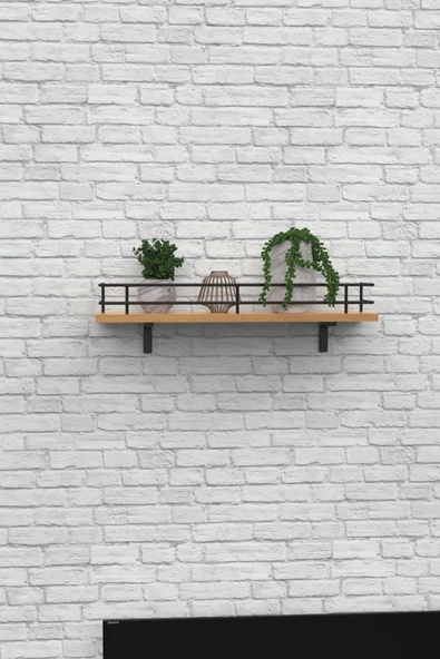 Modern Tasarımlı Metal Korkuluklu Ahşap Duvar Rafı - Resim 6