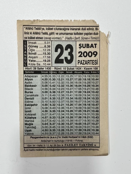 23 Şubat 2009 Takvim Yaprağı - Nostaljik Koleksiyonluk Takvim Yaprağı ürün görseli