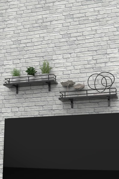 Modern Tasarımlı Metal Korkuluklu Siyah Ahşap Duvar Rafı İkili - Resim 7