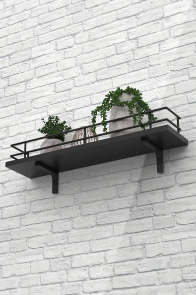 Modern Tasarımlı Metal Korkuluklu Siyah Ahşap Duvar Rafı - Resim 2