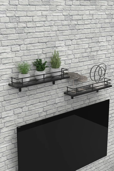 Modern Tasarımlı Metal Korkuluklu Siyah Ahşap Duvar Rafı İkili - Resim 4