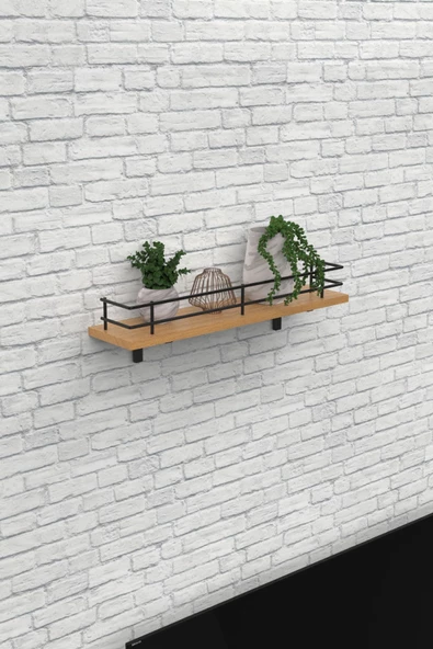 Modern Tasarımlı Metal Korkuluklu Ahşap Duvar Rafı - Resim 3
